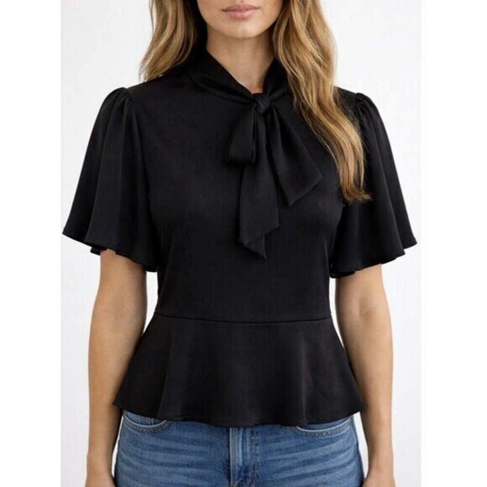 CeCe Womens BOW BLOUSE Short Sleeve Ruffle-Sleeve Rich Black SIZE M